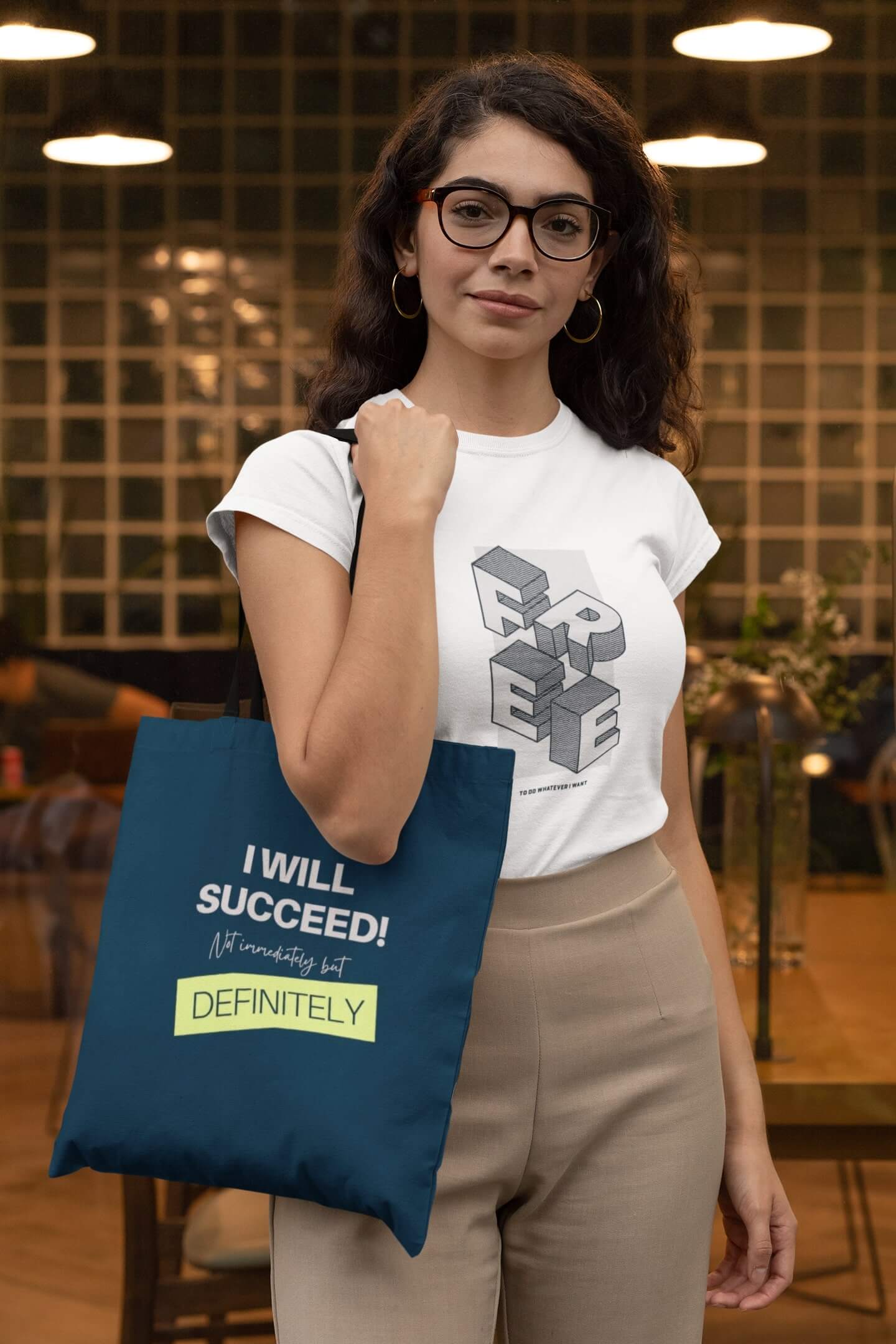 Woman wearing business tote bag and shirt